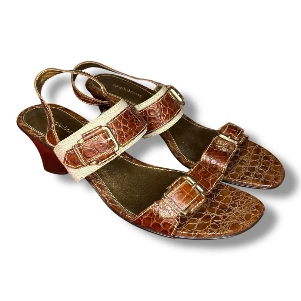 Liz Claiborne Leather Upper Brown Snakeskin Style Sandals Size 9.5 - 